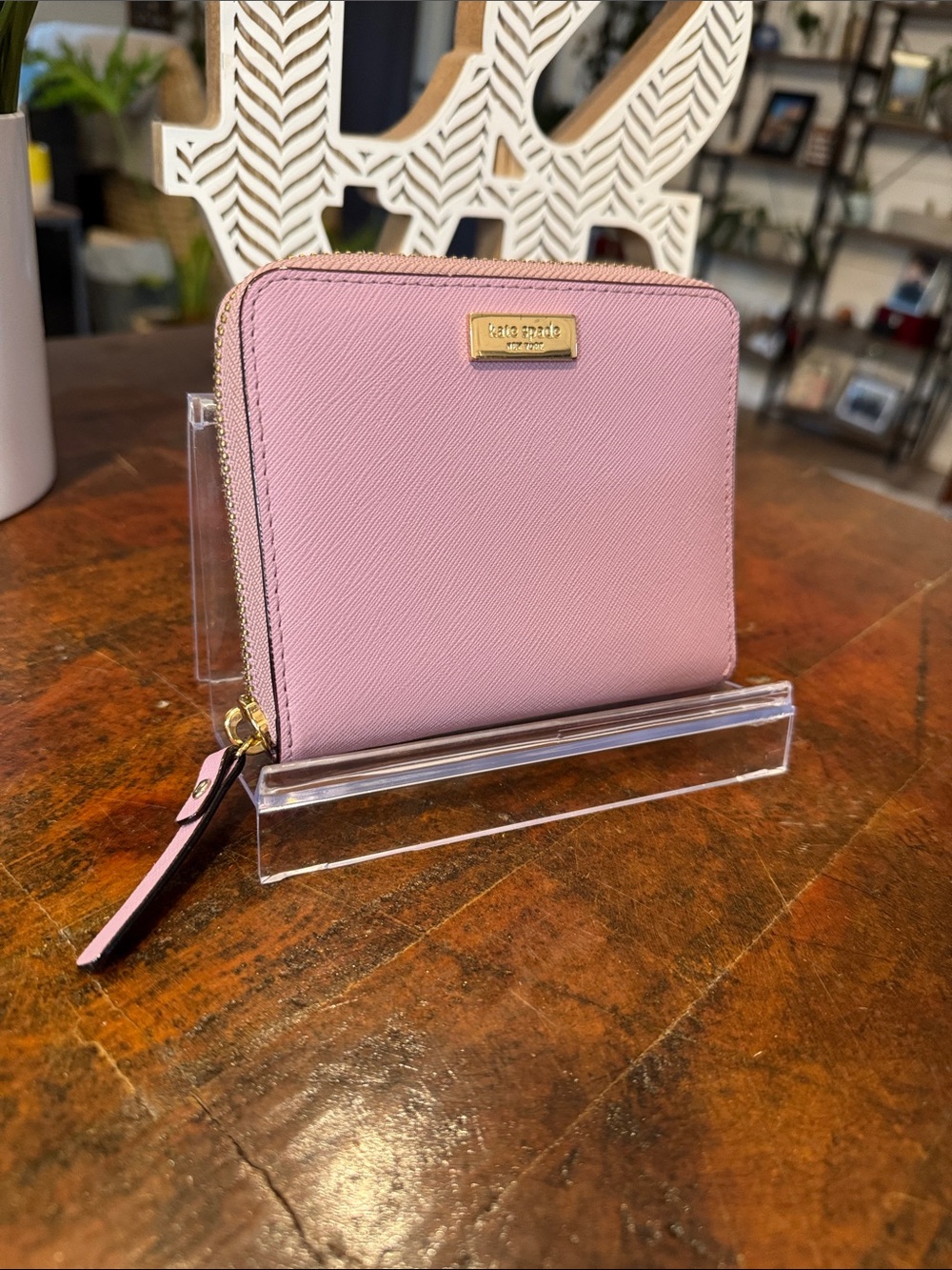 kate spade lavender saffiano zip-around compact wallet with gold plaque